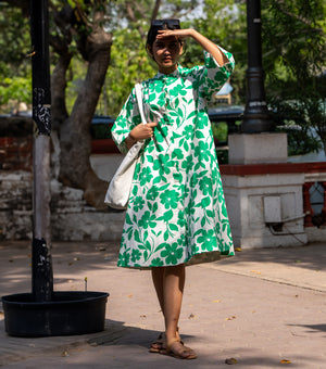 Green Floral Printed Cotton Shirt Dress