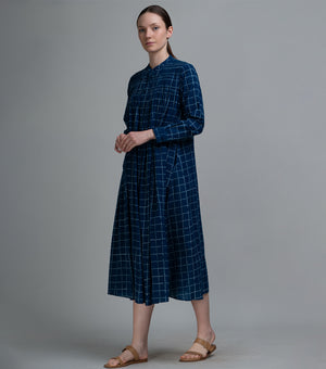 Indigo Checked Gathered Dress