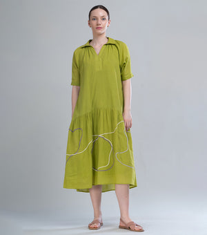 Lime Cotton Piping Detail Midi Dress