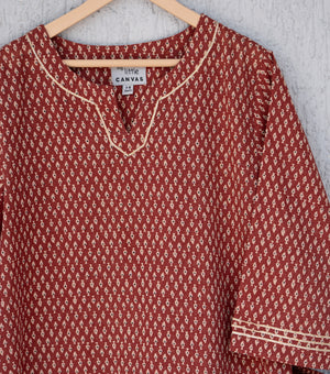 Maroon Printed Cotton Kurta & Pants Set For Girls