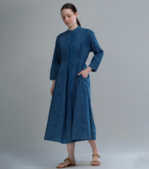 Indigo Stripe Pintuck Dress
