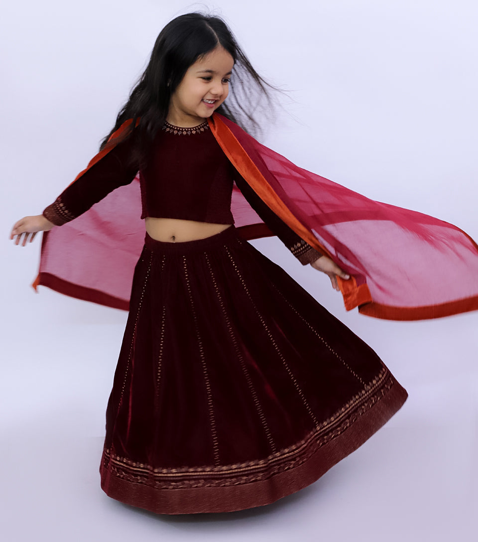 Maroon Zari Embroidered Lehenga Set with Blouse & Dupatta for Girls