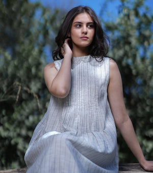 Natural Woven Stripe Sleeveless Midi Dress