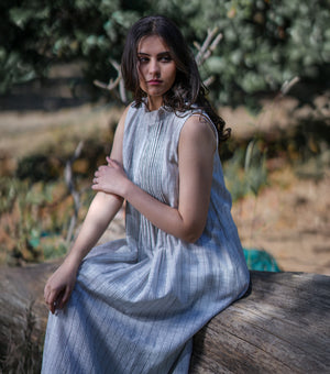 Natural Woven Stripe Sleeveless Midi Dress