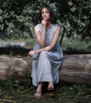 Natural Woven Stripe Sleeveless Midi Dress