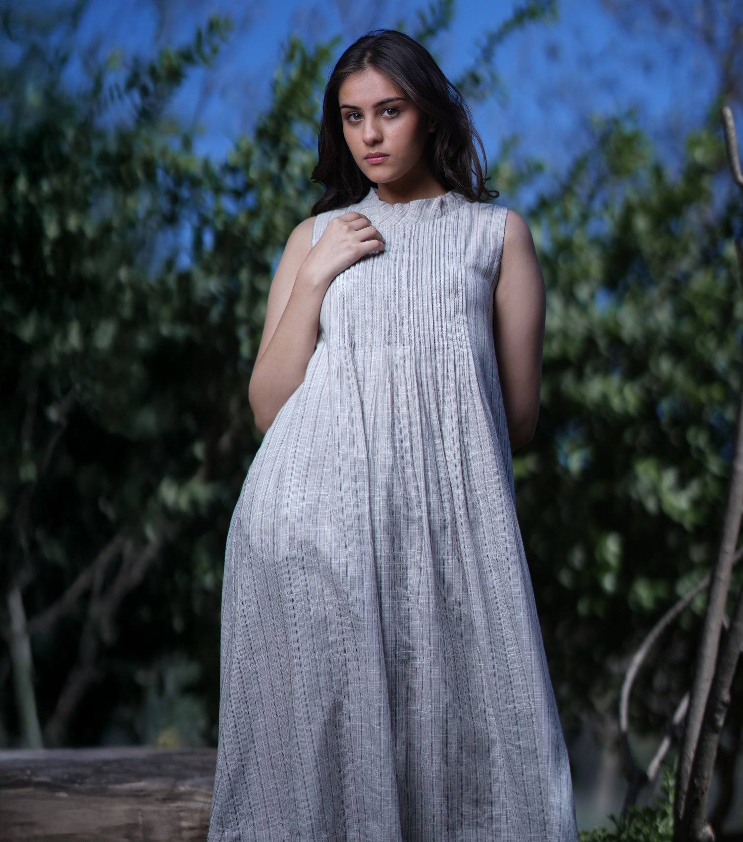 Natural Woven Stripe Sleeveless Midi Dress