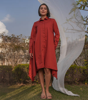 Rust Red Poplin Asymmetrical Shirt Dress
