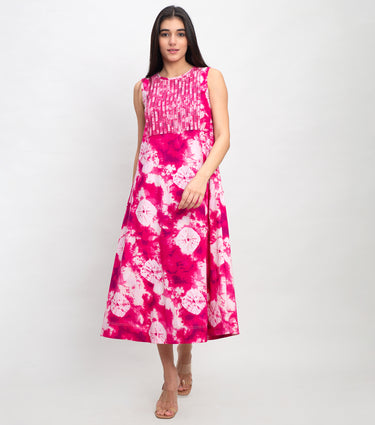 Magenta Printed Midi Dress with Pleated Pintuck Yoke