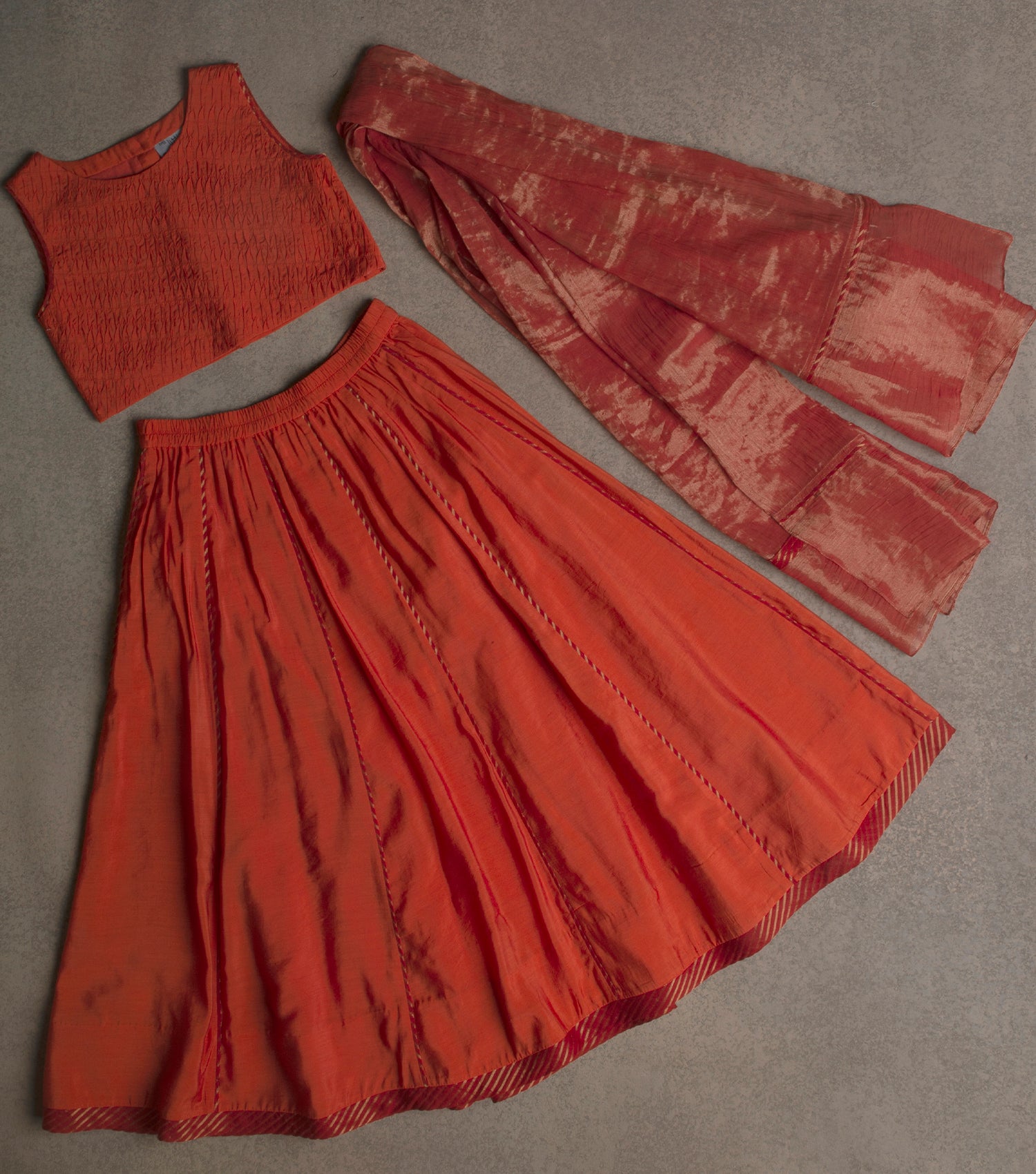 Bright Orange Chanderi Blouse, Lehenga Skirt & Tissue Dupatta Set