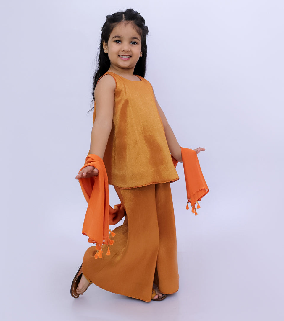 Orange Tissue Sharara Set with Kurti & Dupatta for Girls