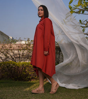 Rust Red Poplin Asymmetrical Shirt Dress
