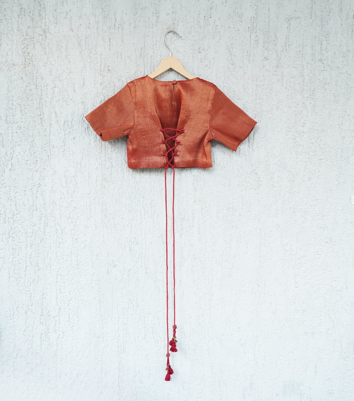 Rusty Orange Tissue Lehenga Set with Blouse & Dupatta for Girls