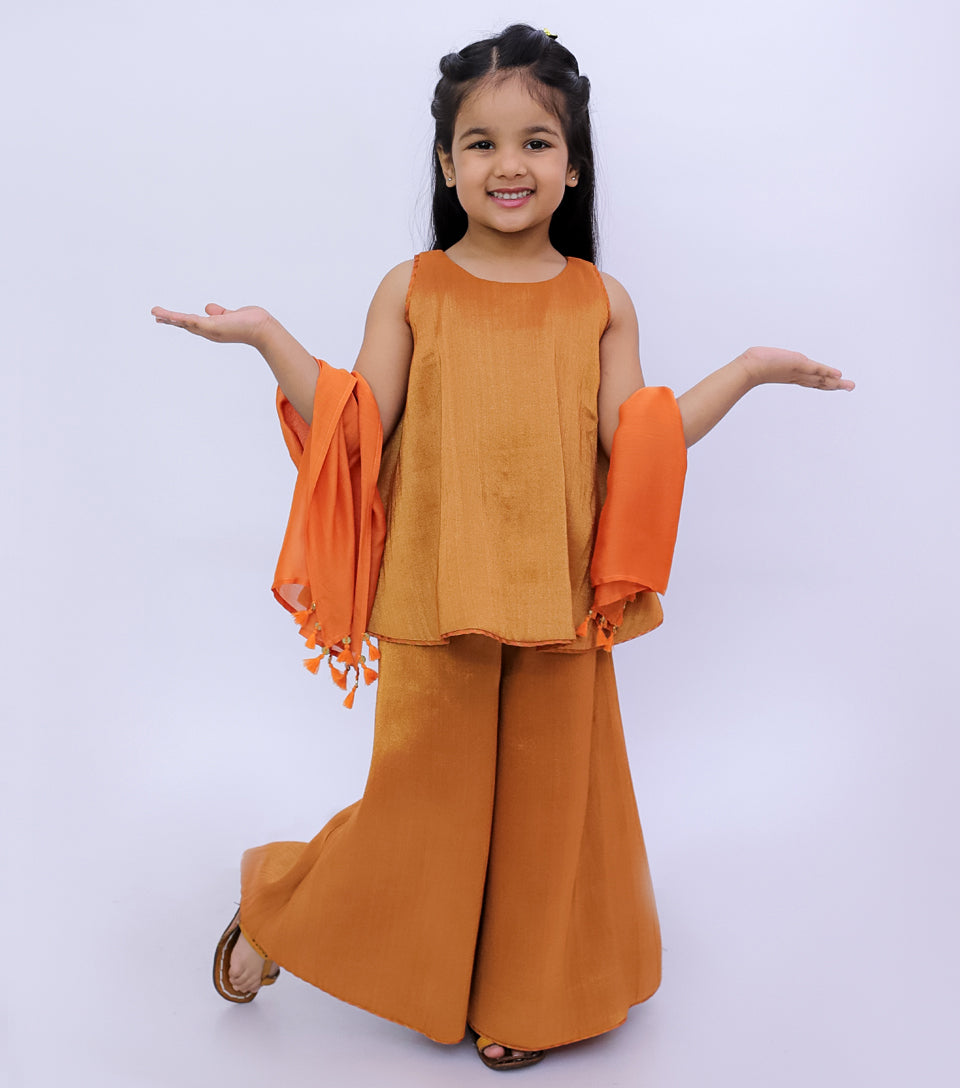 Orange Tissue Sharara Set with Kurti & Dupatta for Girls