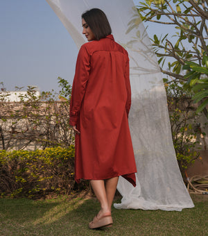 Rust Red Poplin Asymmetrical Shirt Dress