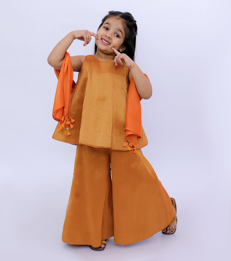 Orange Tissue Sharara Set with Kurti & Dupatta for Girls