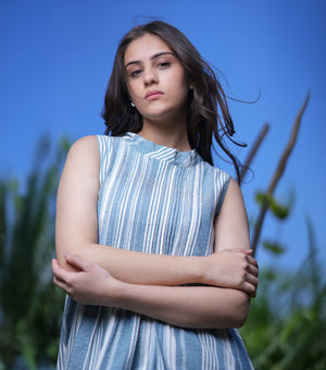 Blue Woven Cotton Stripe Sleeveless Midi Dress