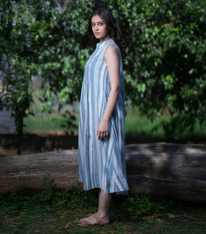 Blue Woven Cotton Stripe Sleeveless Midi Dress