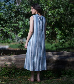 Blue Woven Cotton Stripe Sleeveless Midi Dress