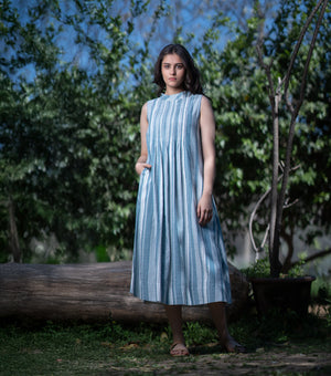 Blue Woven Cotton Stripe Sleeveless Midi Dress