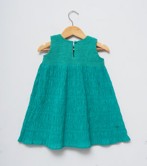 Green Smocked Cotton Dress For Girls