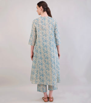 Beige & Blue Printed Woven Cotton Kurta Set