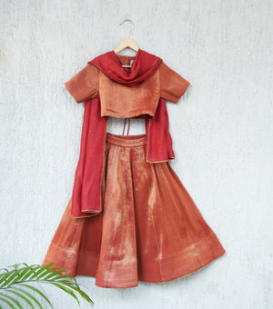 Rusty Orange Tissue Lehenga Set with Blouse & Dupatta for Girls