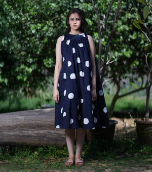 Navy and White Polka Dot Printed Poplin Dress