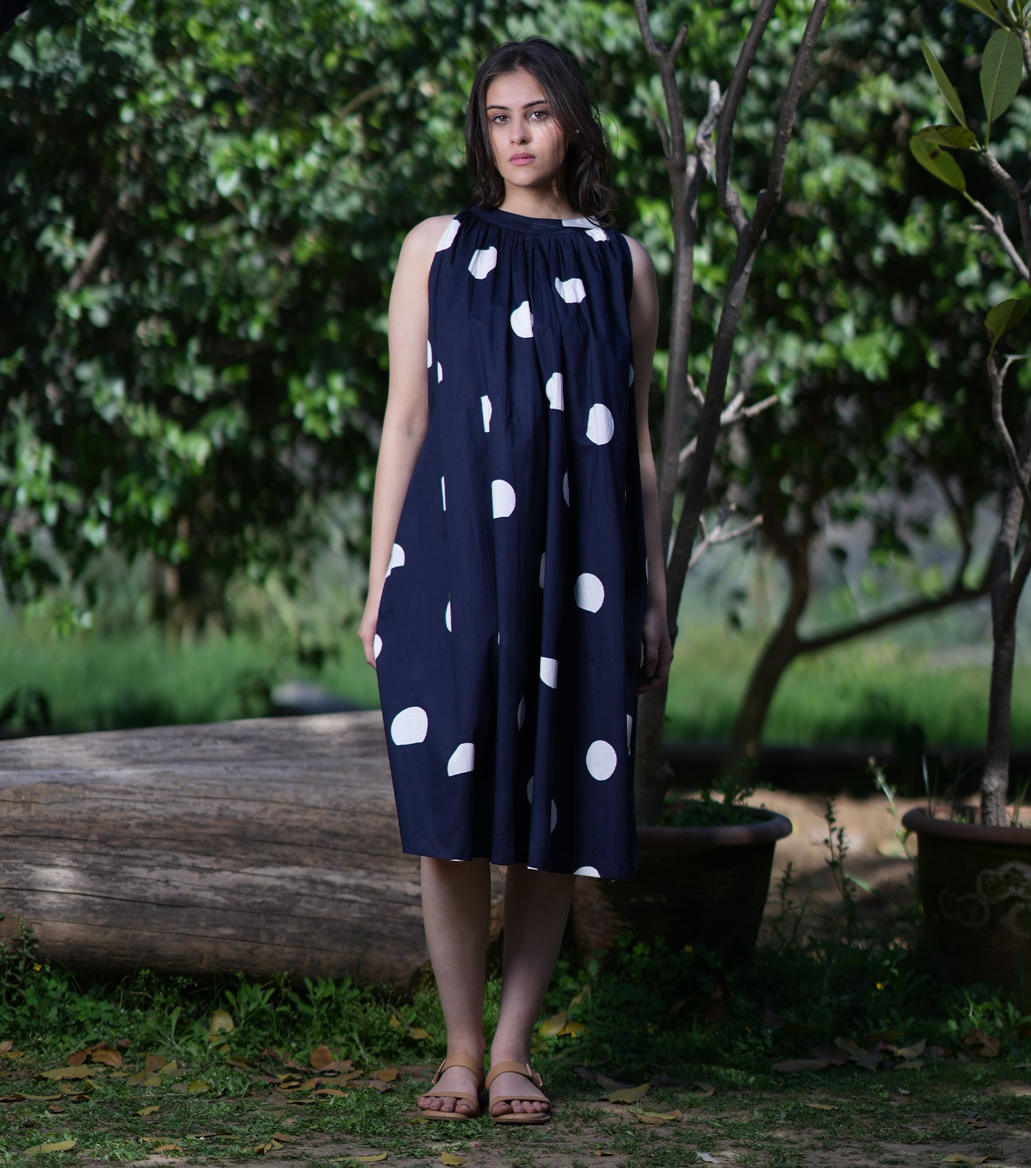 Navy Polka Dot Printed Poplin Dress