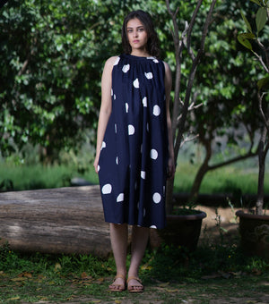 Navy and White Polka Dot Printed Poplin Dress