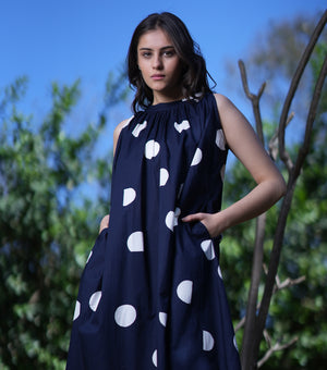 Navy and White Polka Dot Printed Poplin Dress