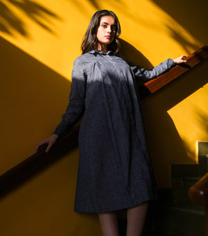 Blue Woven Cotton Pleated Shirt Dress