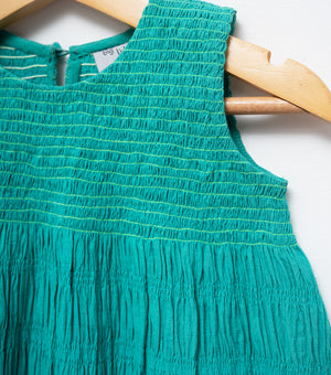 Green Smocked Cotton Dress For Girls