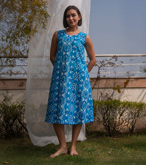 Blue Mist Overlay Sheer Dress with Printed Slip