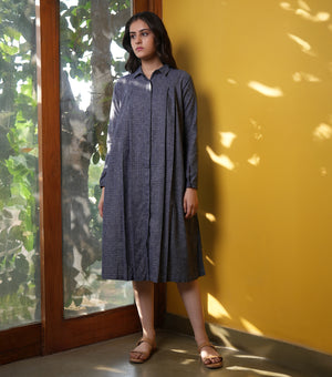 Blue Woven Cotton Pleated Shirt Dress