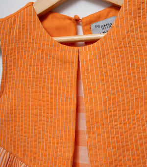 Orange Woven Cotton Layered Dress For Girls