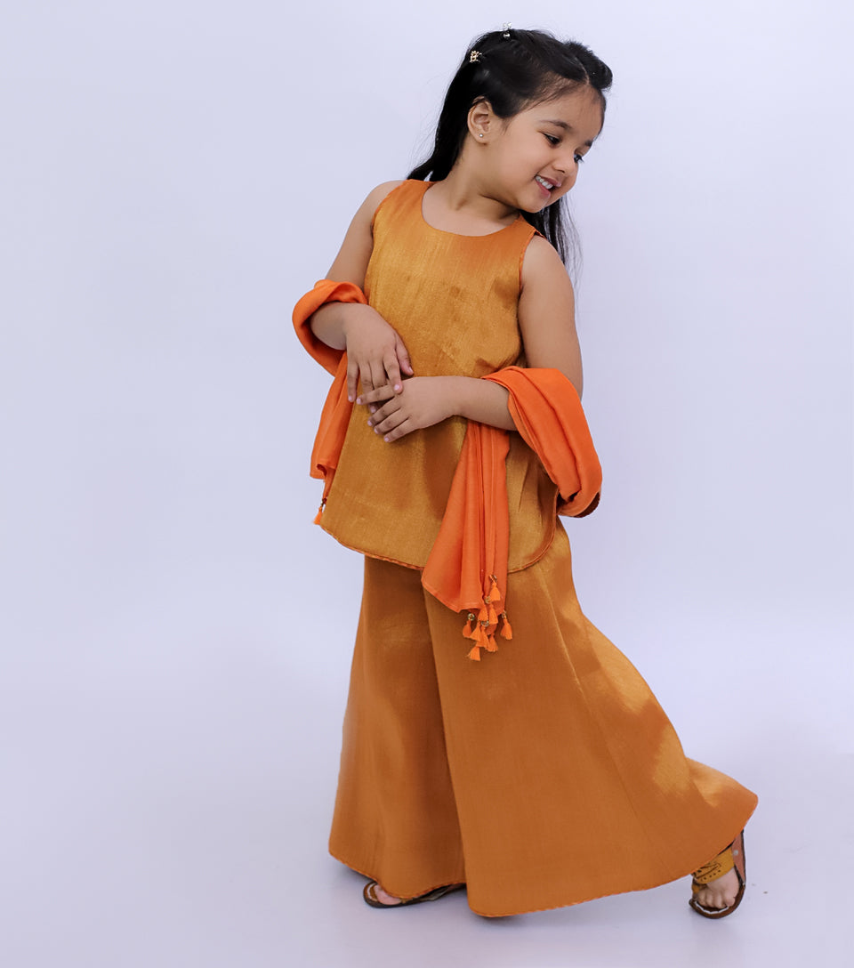 Orange Tissue Sharara Set with Kurti & Dupatta for Girls