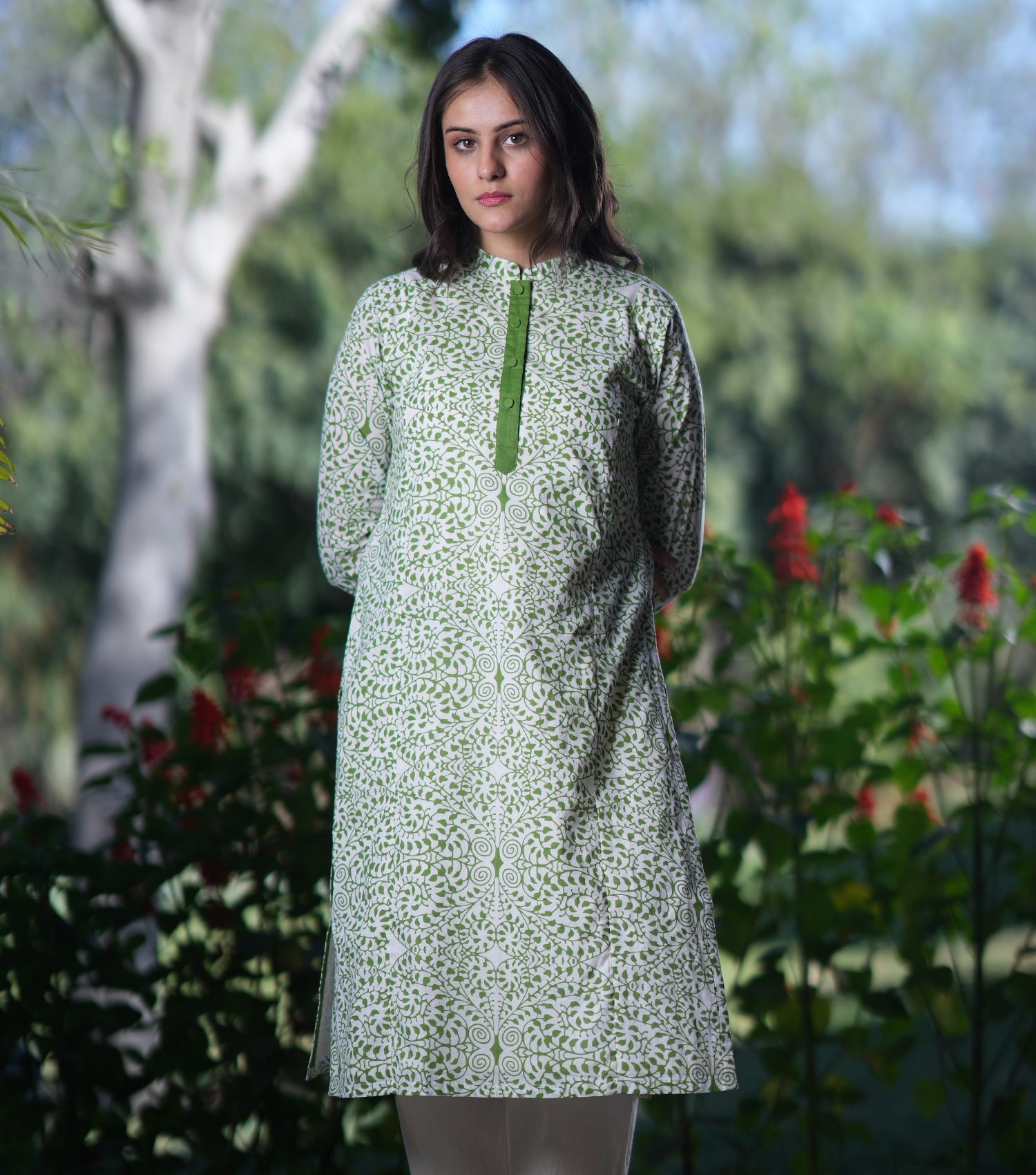 Green Cotton Printed Kurta Set
