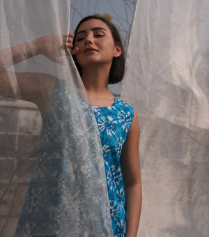 Blue Mist Overlay Sheer Dress with Printed Slip