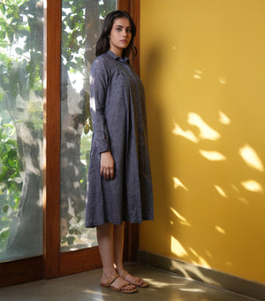 Blue Woven Cotton Pleated Shirt Dress