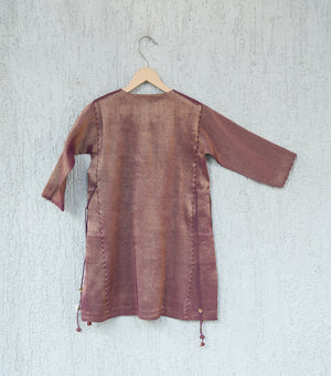 Purple Tissue A-line Tassel Kurta Set with Pants & Dupatta for Girls