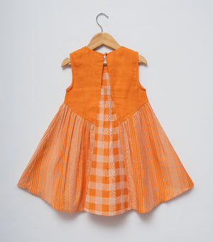 Orange Woven Cotton Layered Dress For Girls