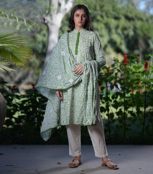 Green Cotton Printed Kurta Set