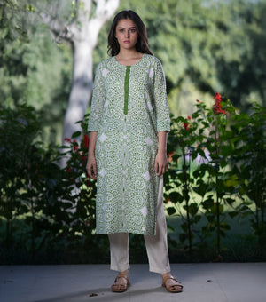 Green Cotton Printed Kurta Set