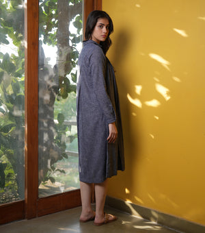 Blue Woven Cotton Pleated Shirt Dress