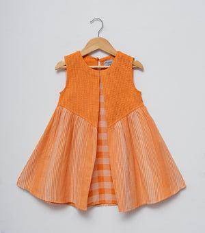 Orange Woven Cotton Layered Dress For Girls