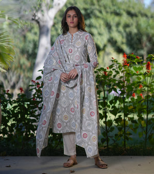 Grey Cotton Printed Kurta Set