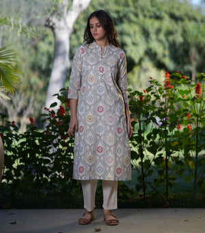 Grey Cotton Printed Kurta Set