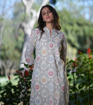 Grey Cotton Printed Kurta Set