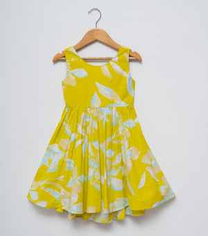 Sunshine Lime Printed Cotton Dress For Girls