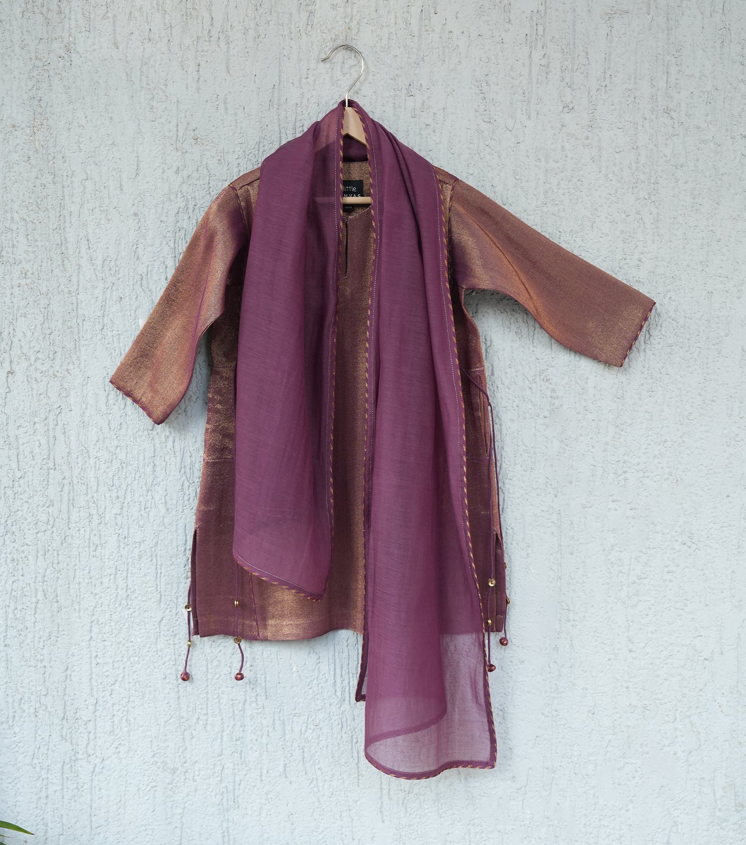 Purple Tissue A-line Tassel Kurta Set with Pants & Dupatta for Girls